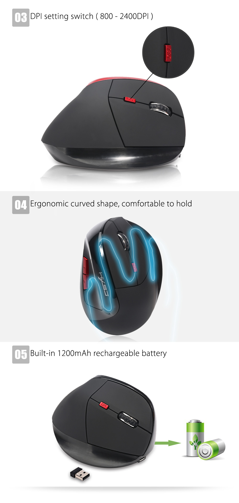 HXSJ X60 6D Wireless Gaming Ergonomic Design Optical Vertical 2400DPI Mouse