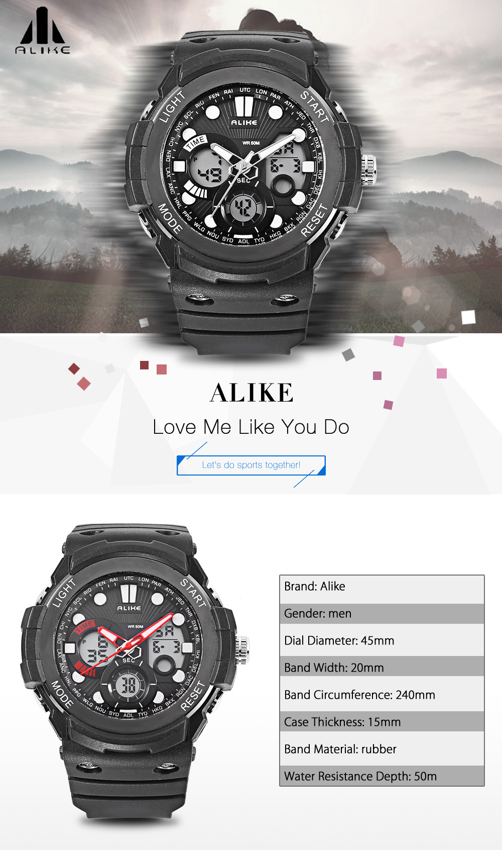ALIKE AK16121 Dual Quartz Digital Men Watch LED Stopwatch 5ATM Sport Wristwatch ALIKE AK16121 Dual Quartz Digital Men Watch LED Stopwatch 5ATM Sport Wristwatch