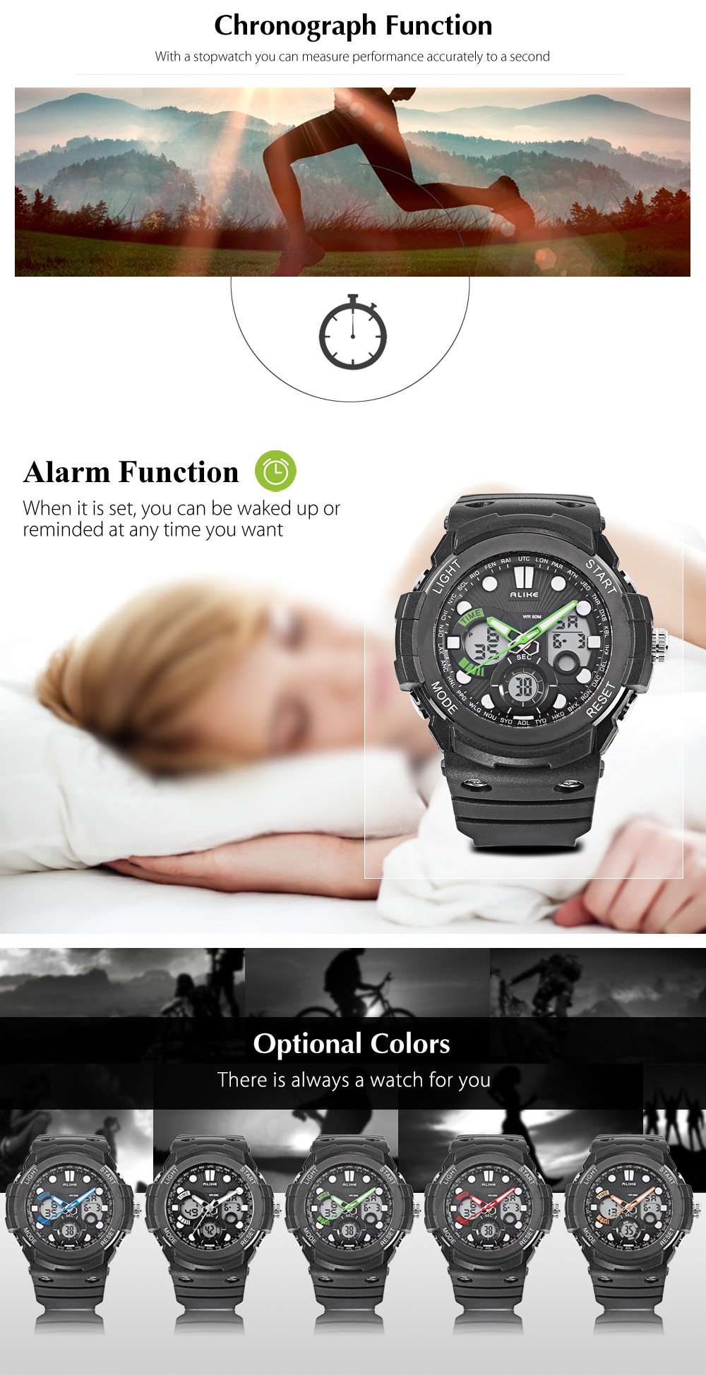ALIKE AK16121 Dual Quartz Digital Men Watch LED Stopwatch 5ATM Sport Wristwatch ALIKE AK16121 Dual Quartz Digital Men Watch LED Stopwatch 5ATM Sport Wristwatch
