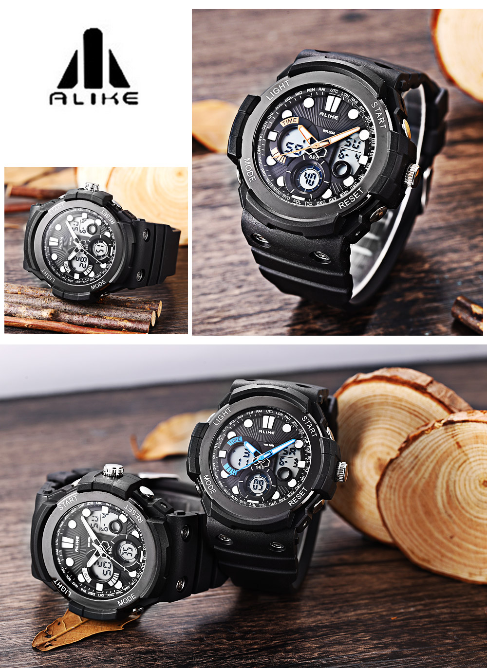 ALIKE AK16121 Dual Quartz Digital Men Watch LED Stopwatch 5ATM Sport Wristwatch ALIKE AK16121 Dual Quartz Digital Men Watch LED Stopwatch 5ATM Sport Wristwatch