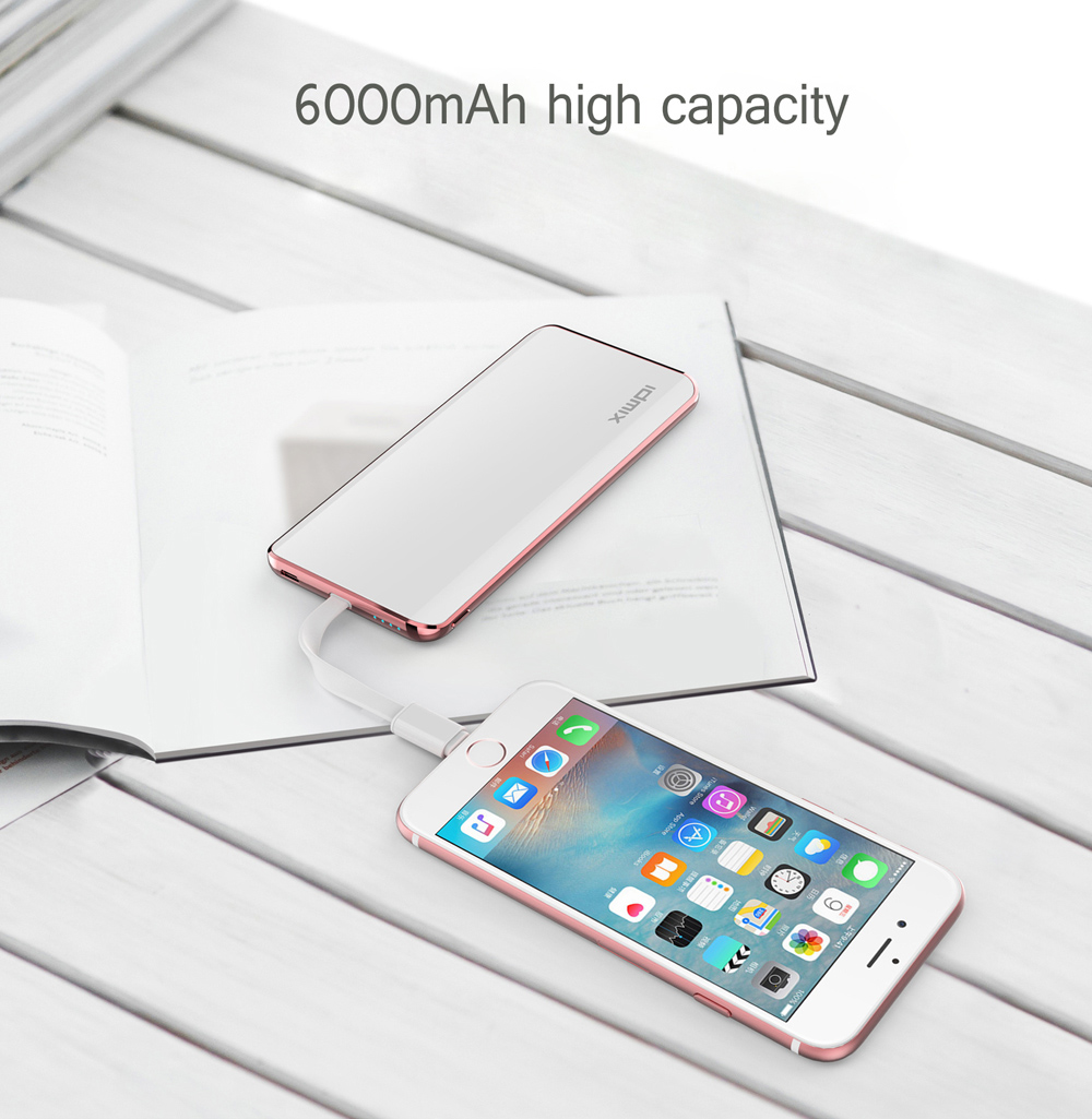 IDMIX Q5 MFi Certification 6000mAh Portable Power Bank Ultra-slim 2.4A Quick Charge Built-in 8 Pin Charging Cable