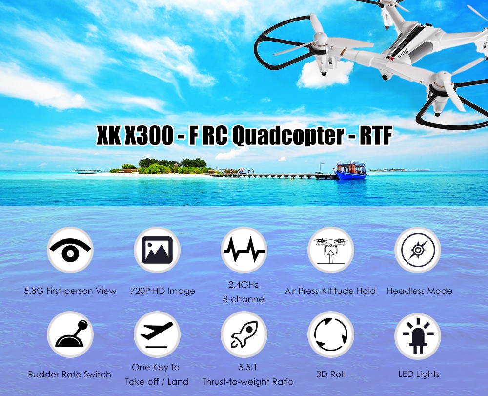 XK X300 - F Brushed RC Drone RTF 5.8G FPV 720P HD 2.4GHz 8CH 6-axis Gyro Optical Flow Positioning Air Press Altitude Hold XK X300 - F Brushed RC Drone RTF 5.8G FPV 720P HD 2.4GHz 8CH 6-axis Gyro Optical Flow Positioning Air Press Altitude Hold