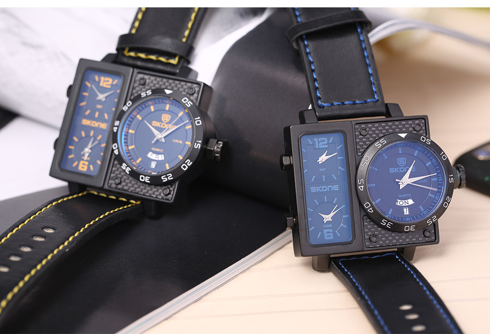 SKONE 9422EG Men Three Quartz Movt Watch Date Day Display Leather Band 3ATM Wristwatch SKONE 9422EG Men Three Quartz Movt Watch Date Day Display Leather Band 3ATM Wristwatch