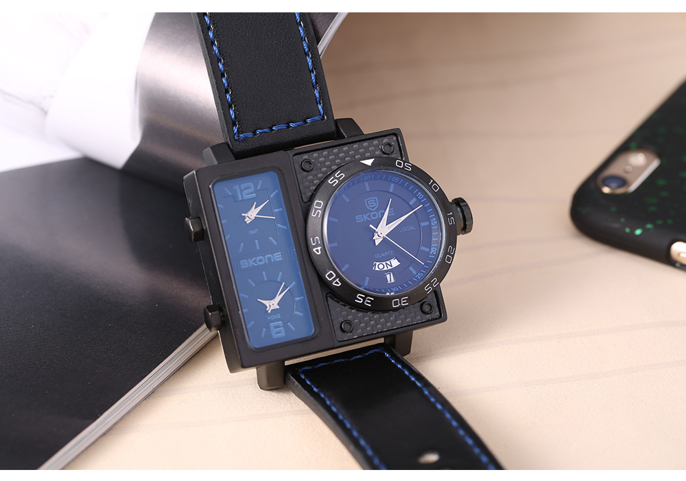 SKONE 9422EG Men Three Quartz Movt Watch Date Day Display Leather Band 3ATM Wristwatch SKONE 9422EG Men Three Quartz Movt Watch Date Day Display Leather Band 3ATM Wristwatch