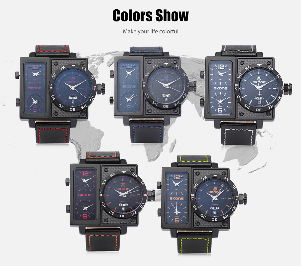 SKONE 9422EG Men Three Quartz Movt Watch Date Day Display Leather Band 3ATM Wristwatch SKONE 9422EG Men Three Quartz Movt Watch Date Day Display Leather Band 3ATM Wristwatch