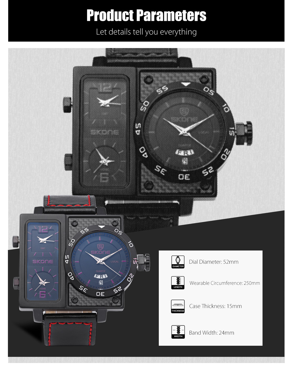 SKONE 9422EG Men Three Quartz Movt Watch Date Day Display Leather Band 3ATM Wristwatch SKONE 9422EG Men Three Quartz Movt Watch Date Day Display Leather Band 3ATM Wristwatch