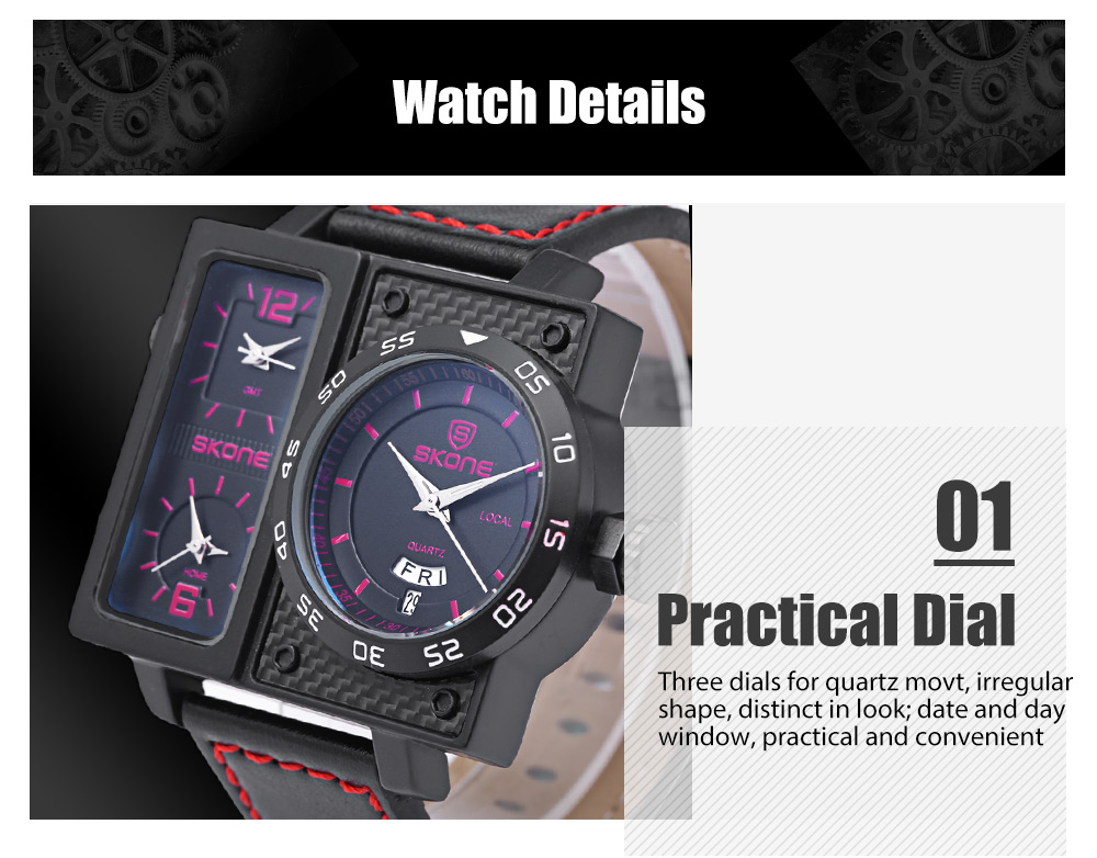 SKONE 9422EG Men Three Quartz Movt Watch Date Day Display Leather Band 3ATM Wristwatch SKONE 9422EG Men Three Quartz Movt Watch Date Day Display Leather Band 3ATM Wristwatch