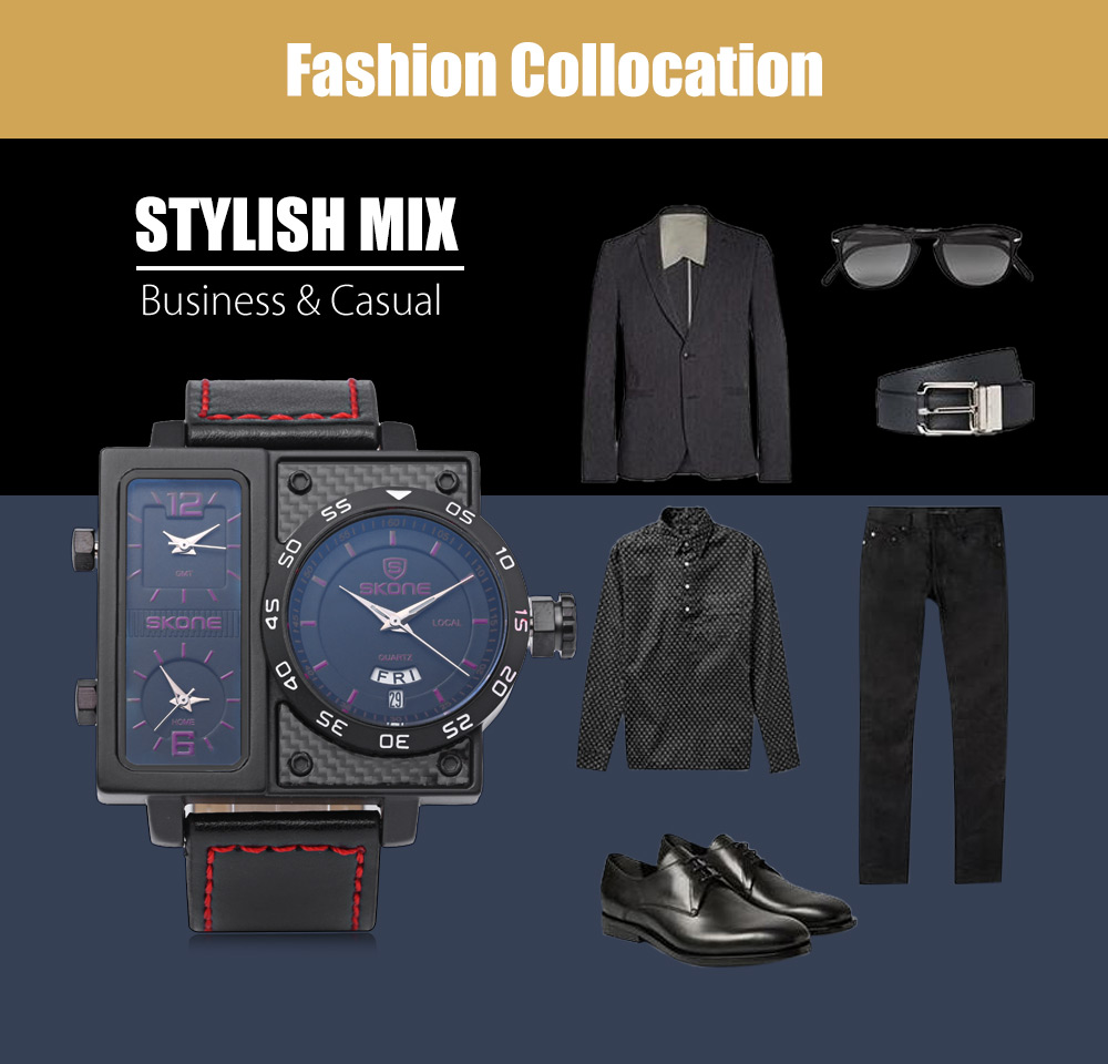 SKONE 9422EG Men Three Quartz Movt Watch Date Day Display Leather Band 3ATM Wristwatch SKONE 9422EG Men Three Quartz Movt Watch Date Day Display Leather Band 3ATM Wristwatch