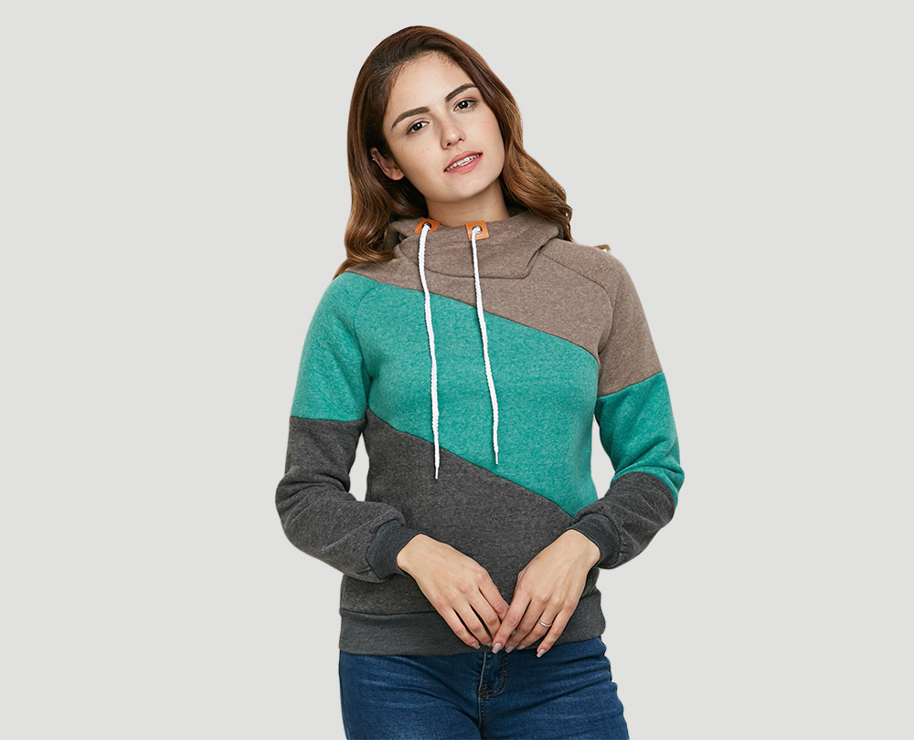 Stylish Hooded Long Sleeve Drawstring Color Block Women Hoodie