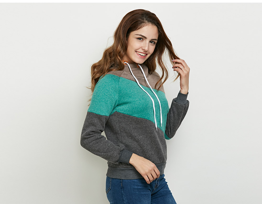 Stylish Hooded Long Sleeve Drawstring Color Block Women Hoodie