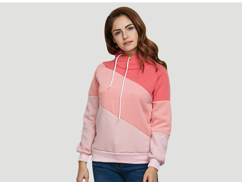 Stylish Hooded Long Sleeve Drawstring Color Block Women Hoodie