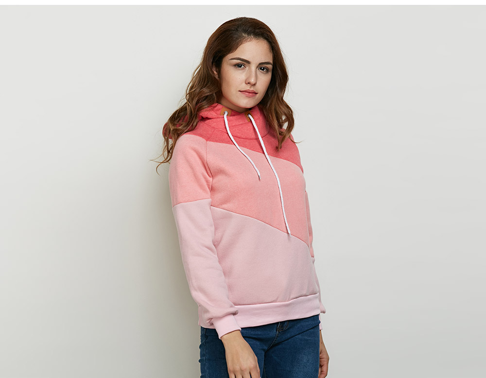 Stylish Hooded Long Sleeve Drawstring Color Block Women Hoodie
