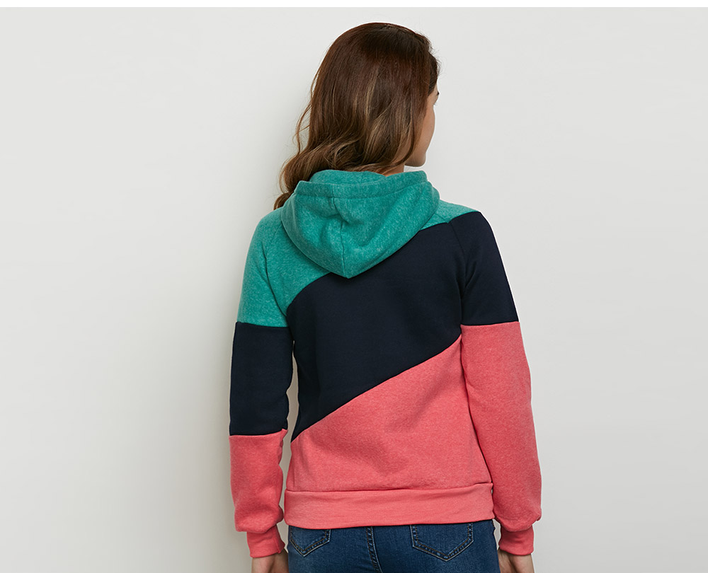 Stylish Hooded Long Sleeve Drawstring Color Block Women Hoodie