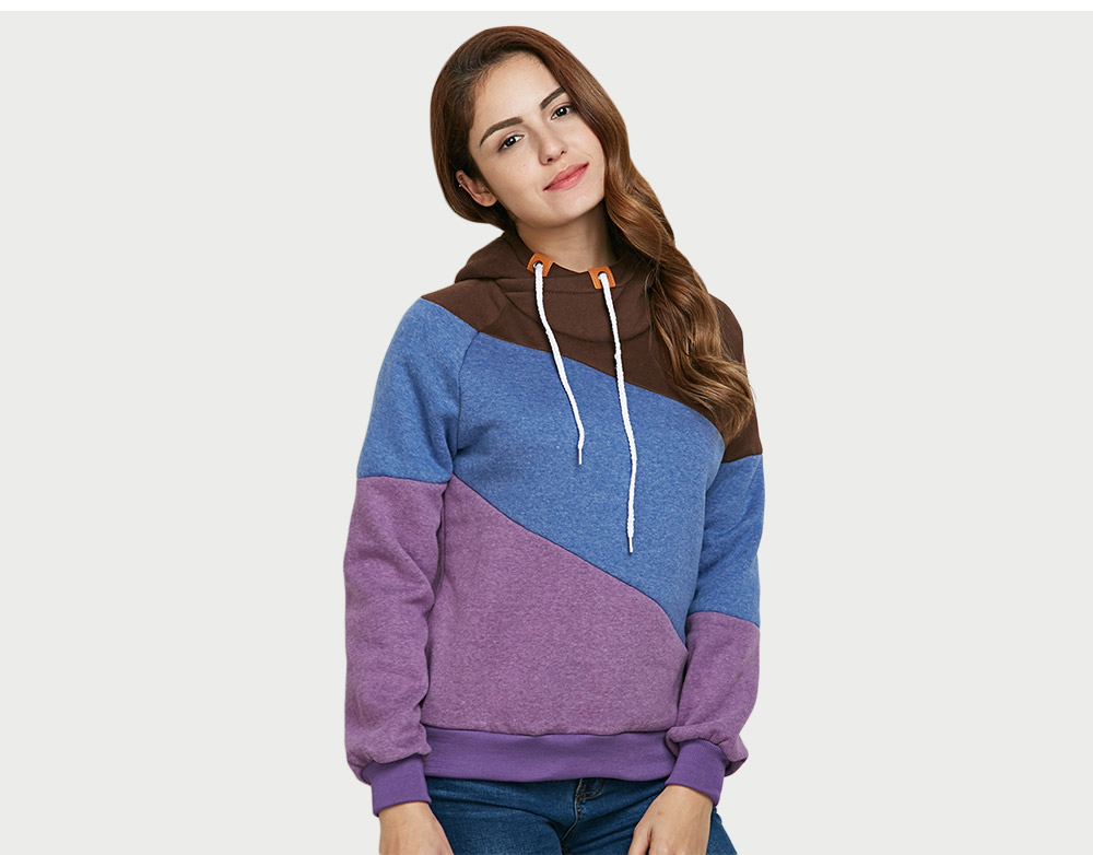 Stylish Hooded Long Sleeve Drawstring Color Block Women Hoodie