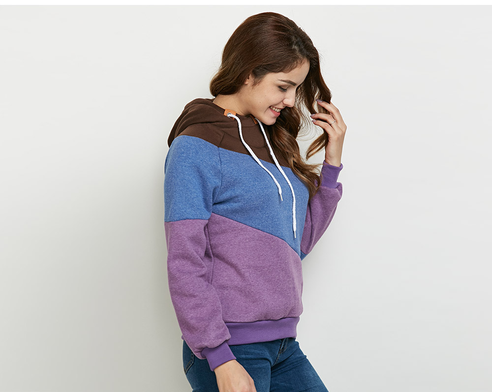 Stylish Hooded Long Sleeve Drawstring Color Block Women Hoodie