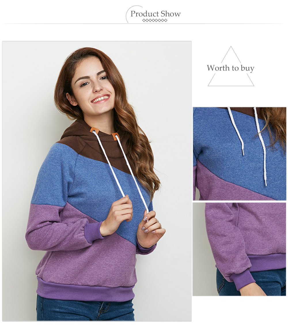 Stylish Hooded Long Sleeve Drawstring Color Block Women Hoodie