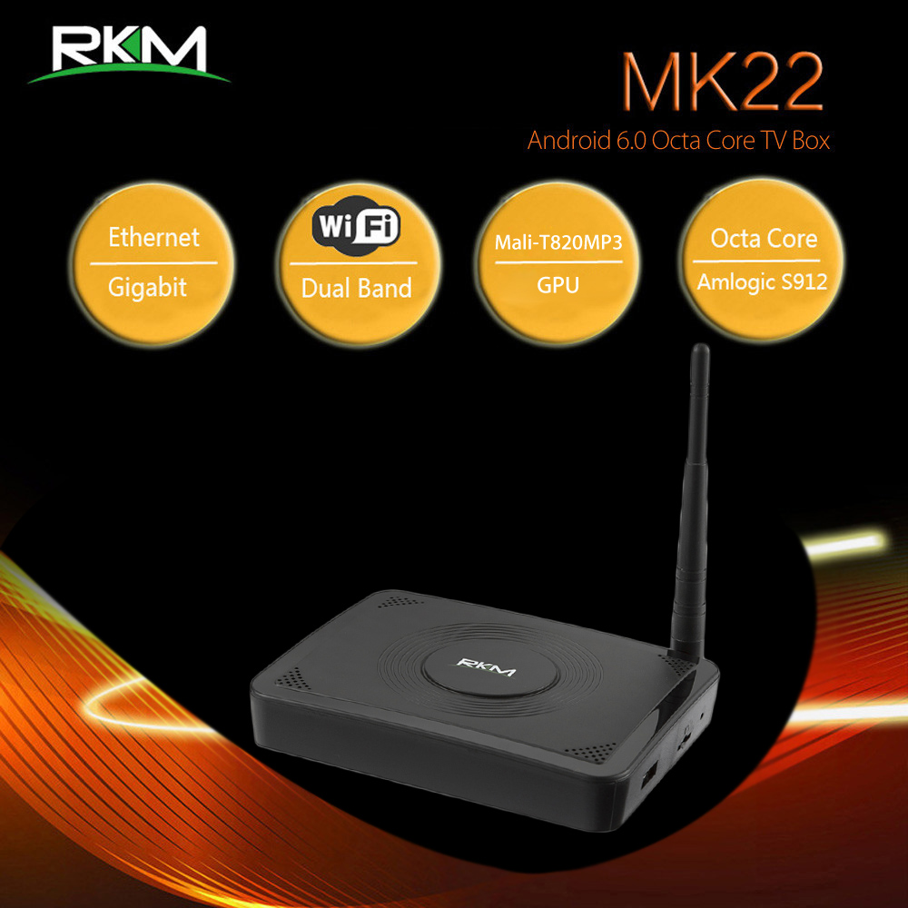 Rikomagic RKM MK22 TV Box Amlogic S912 Octa Core Android 6.0 2.4G + 5G Dual Band WiFi Bluetooth 4.0 3G DDR3 RAM 32G eMMC ROM Rikomagic RKM MK22 TV Box Amlogic S912 Octa Core Android 6.0 2.4G + 5G Dual Band WiFi Bluetooth 4.0 3G DDR3 RAM 32G eMMC ROM