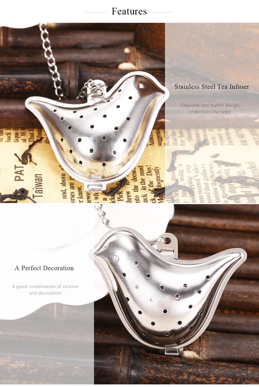 Stainless Steel Bird Shape Mesh Tea Infuser Strainer Filter with Chain