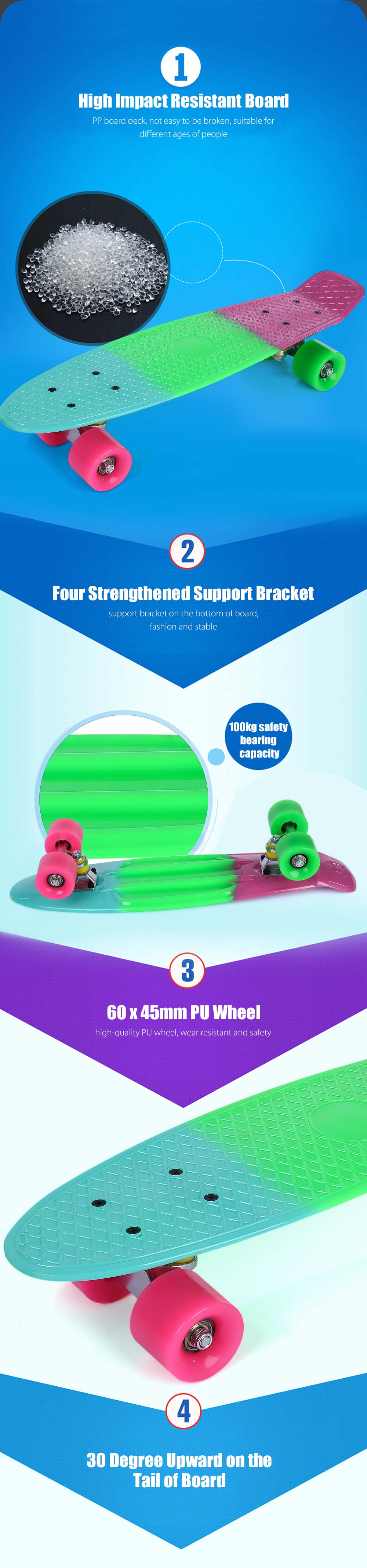 22 inch Colorful Four-wheel Long Skateboard PP Plastic Board Deck 22 inch Colorful Four-wheel Long Skateboard PP Plastic Board Deck