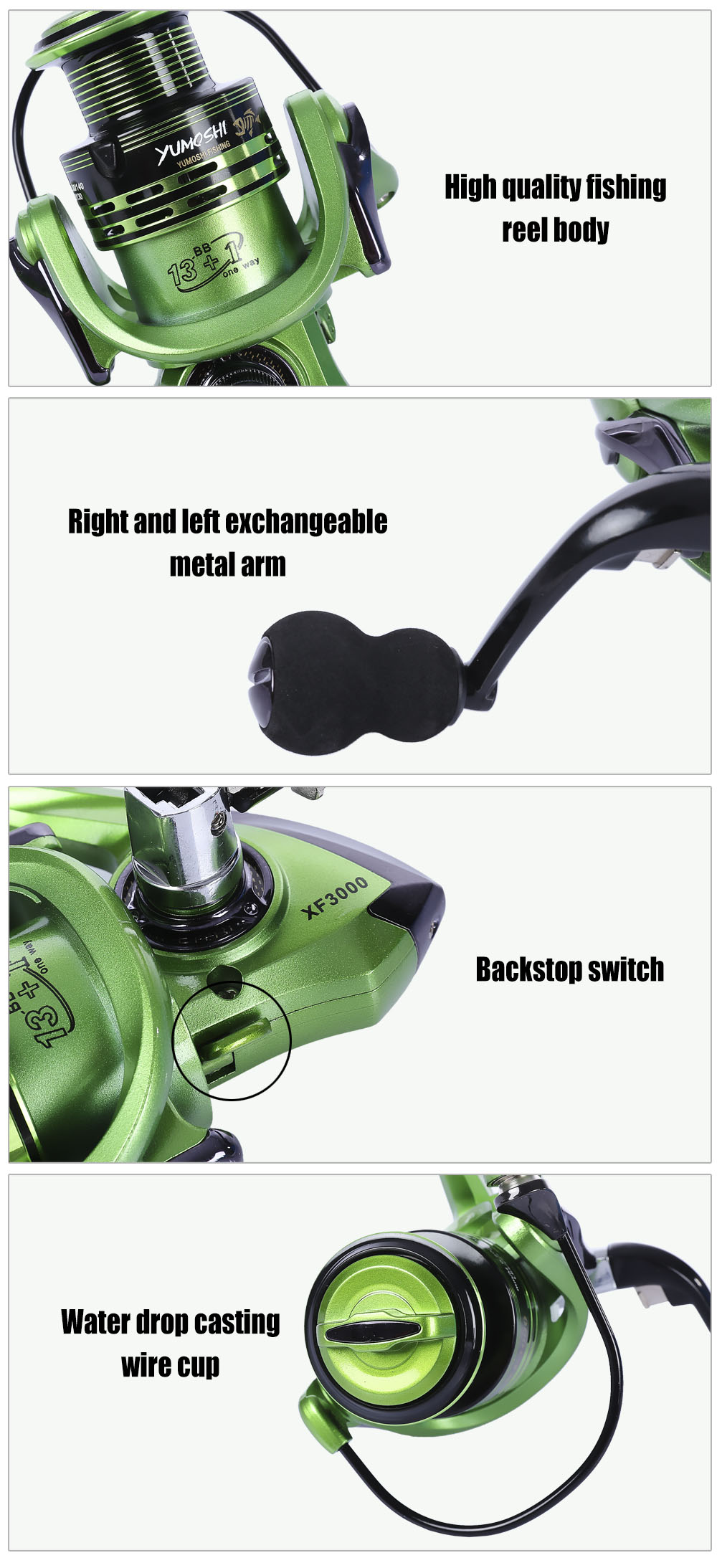 YUMOSHI 13 + 1BB Full Metal Fishing Spinning Reel with Exchangeable Handle YUMOSHI 13 + 1BB Full Metal Fishing Spinning Reel with Exchangeable Handle