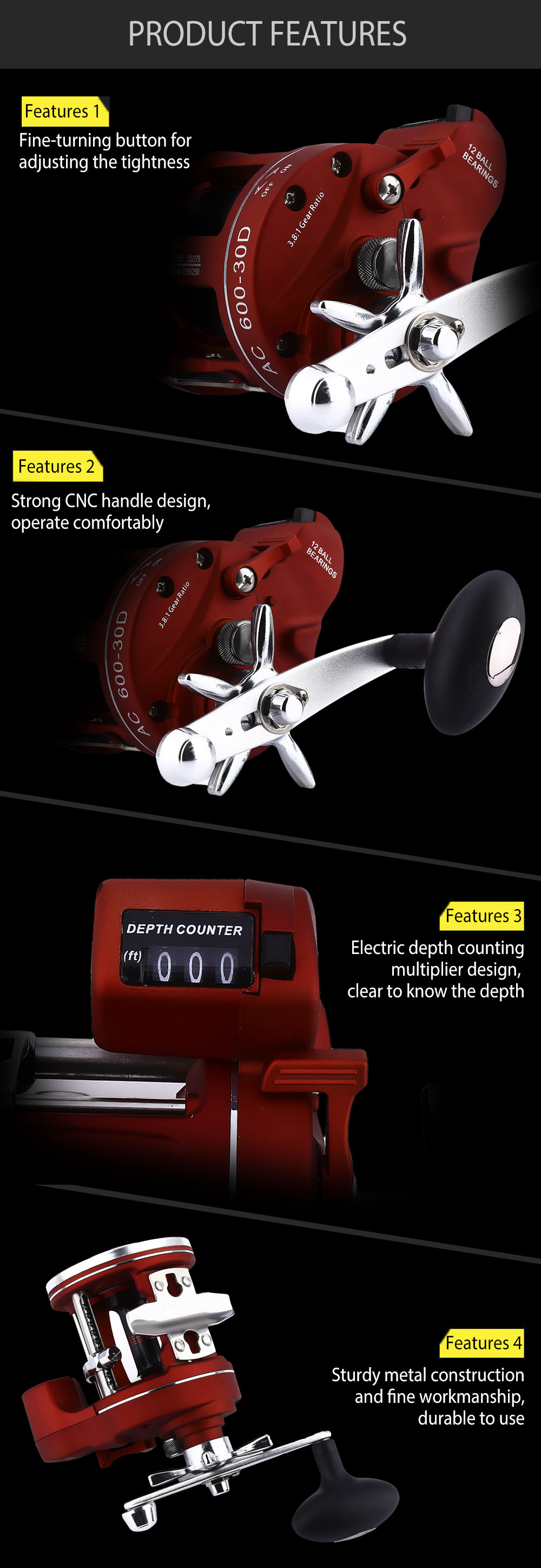 YUMOSHI 12 Ball Bearings High Speed Fishing Reel with Electric Depth Counting Multiplier YUMOSHI 12 Ball Bearings High Speed Fishing Reel with Electric Depth Counting Multiplier