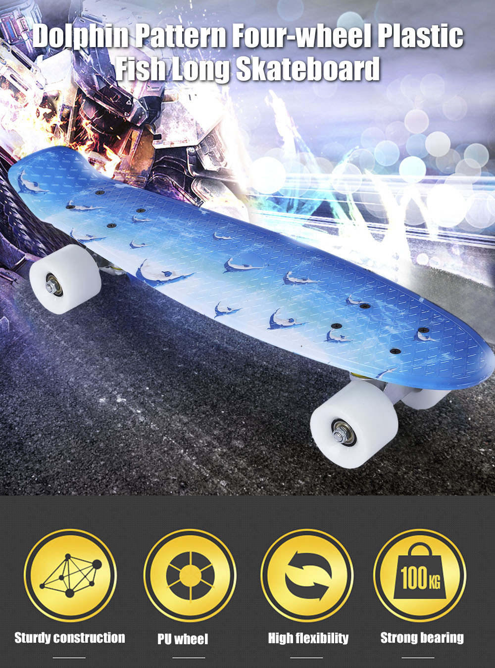 22 inch Dolphin Pattern Four-wheel Long Skateboard PP Plastic Board Deck 22 inch Dolphin Pattern Four-wheel Long Skateboard PP Plastic Board Deck