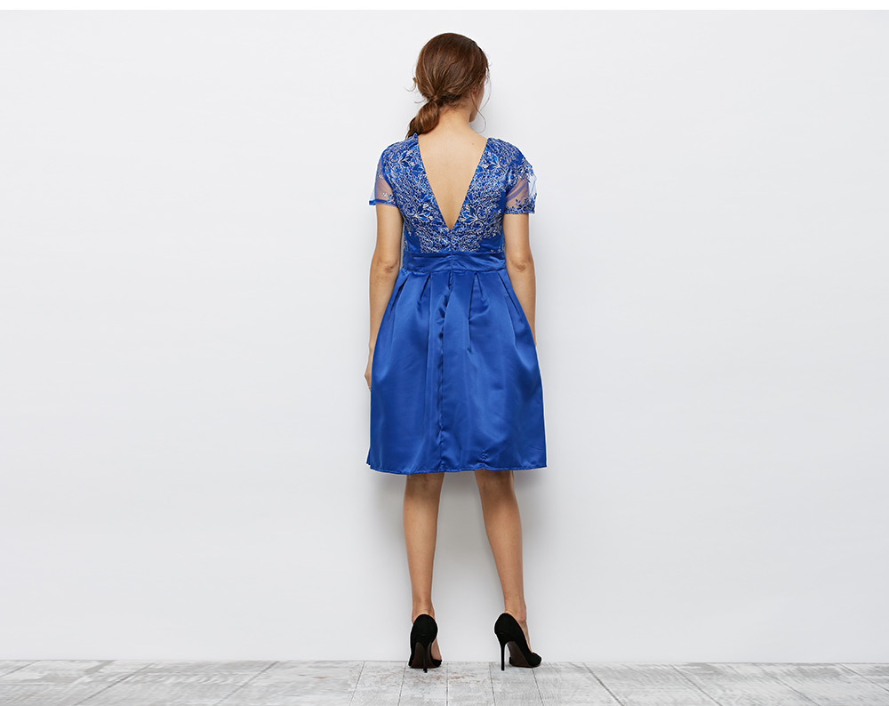 Fashion Round Collar Short Sleeve Floral Print Lace Spliced Women Dress