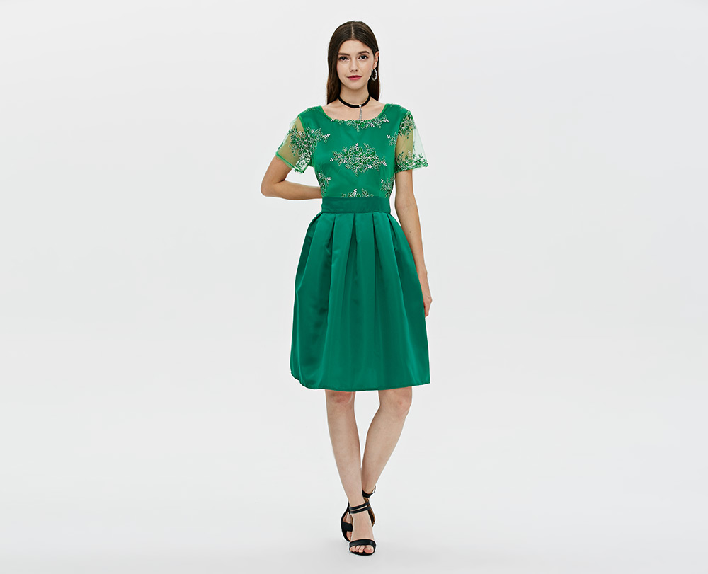 Fashion Round Collar Short Sleeve Floral Print Lace Spliced Women Dress