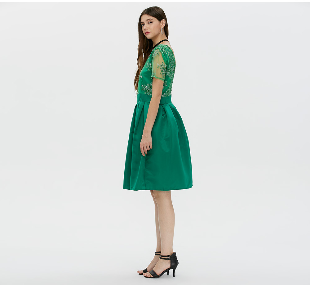 Fashion Round Collar Short Sleeve Floral Print Lace Spliced Women Dress