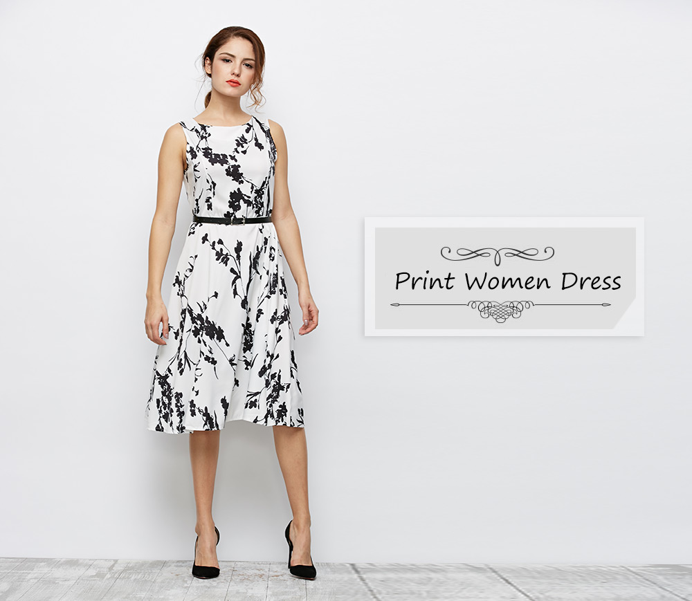 Retro Style Round Collar Sleeveless Floral Print Sheath Women Dress with Belt Retro Style Round Collar Sleeveless Floral Print Sheath Women Dress with Belt