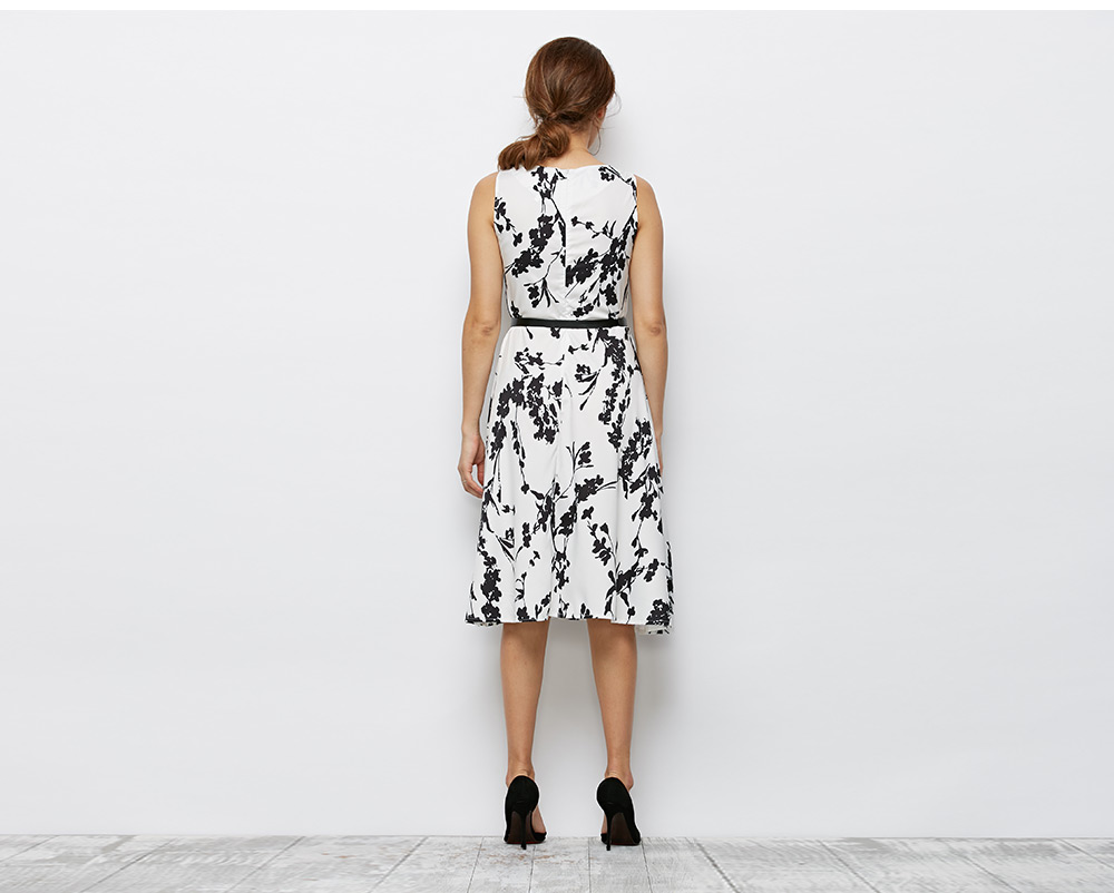 Retro Style Round Collar Sleeveless Floral Print Sheath Women Dress with Belt Retro Style Round Collar Sleeveless Floral Print Sheath Women Dress with Belt