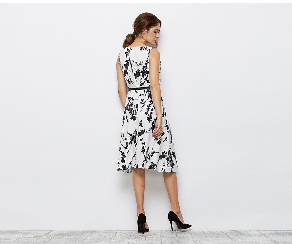 Retro Style Round Collar Sleeveless Floral Print Sheath Women Dress with Belt Retro Style Round Collar Sleeveless Floral Print Sheath Women Dress with Belt