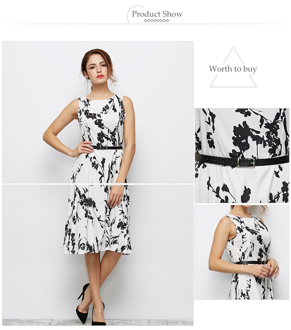 Retro Style Round Collar Sleeveless Floral Print Sheath Women Dress with Belt Retro Style Round Collar Sleeveless Floral Print Sheath Women Dress with Belt