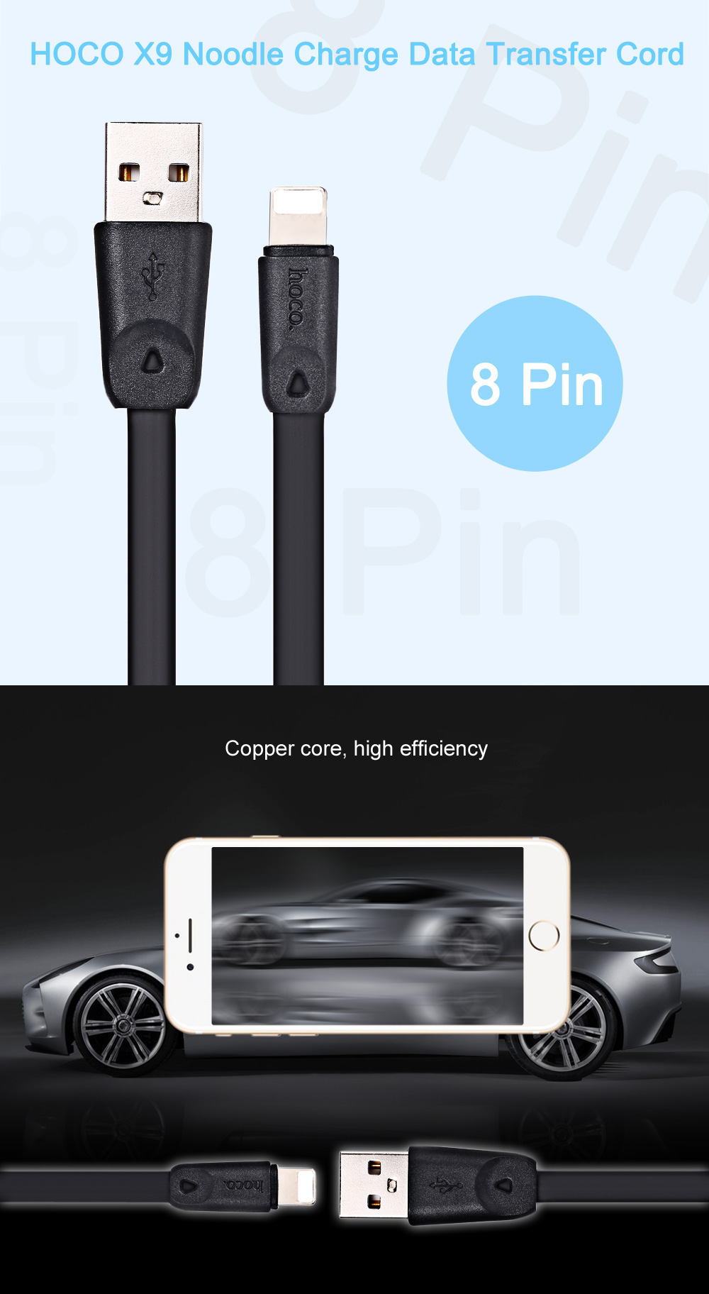 HOCO X9 5V 2.4A 8 Pin TPE Skid-proof Anti-twist Noodle Transfer Data Synchronization Charging Cord 1M HOCO X9 5V 2.4A 8 Pin TPE Skid-proof Anti-twist Noodle Transfer Data Synchronization Charging Cord 1M