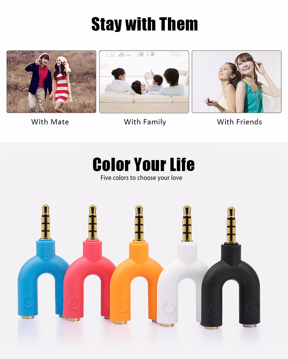 SONGFUL U2 3.5MM Stereo Audio Earphones Splitter Adapter 1 to 2 Connector SONGFUL U2 3.5MM Stereo Audio Earphones Splitter Adapter 1 to 2 Connector