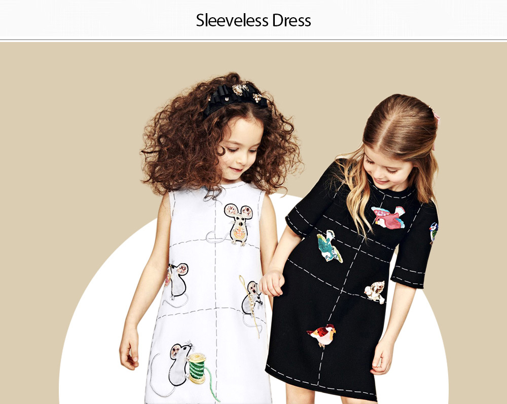 Kimocat Brief Round Collar Mouse Print Beaded Girls Dress
