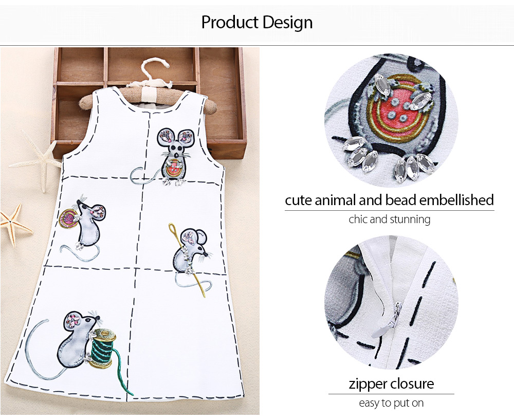 Kimocat Brief Round Collar Mouse Print Beaded Girls Dress