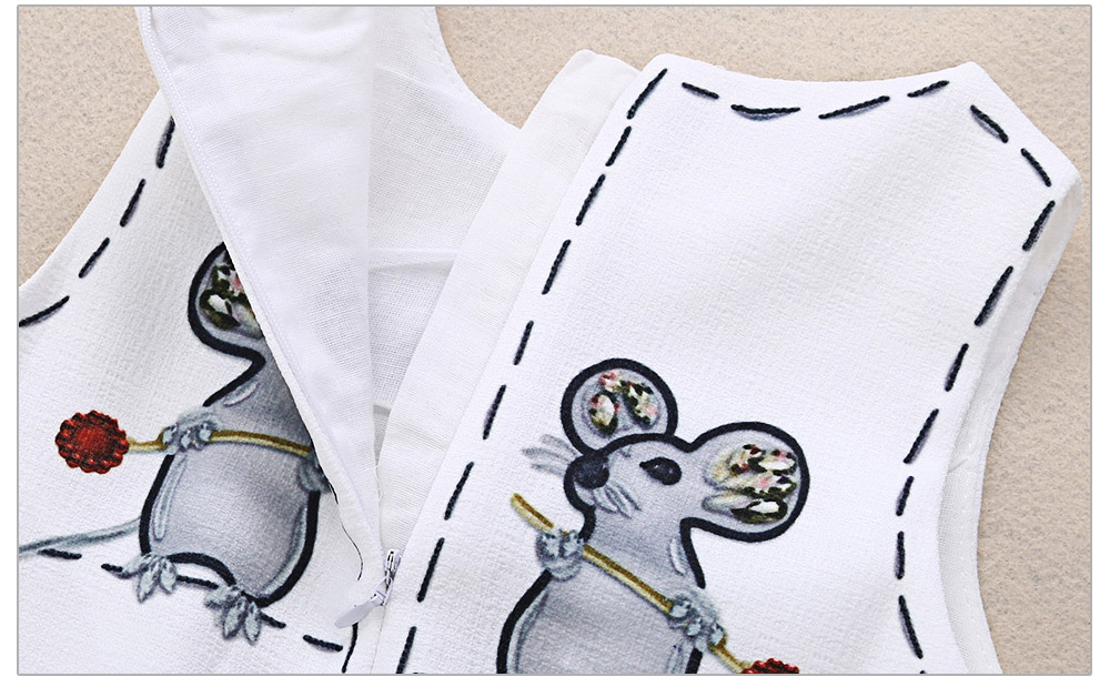 Kimocat Brief Round Collar Mouse Print Beaded Girls Dress