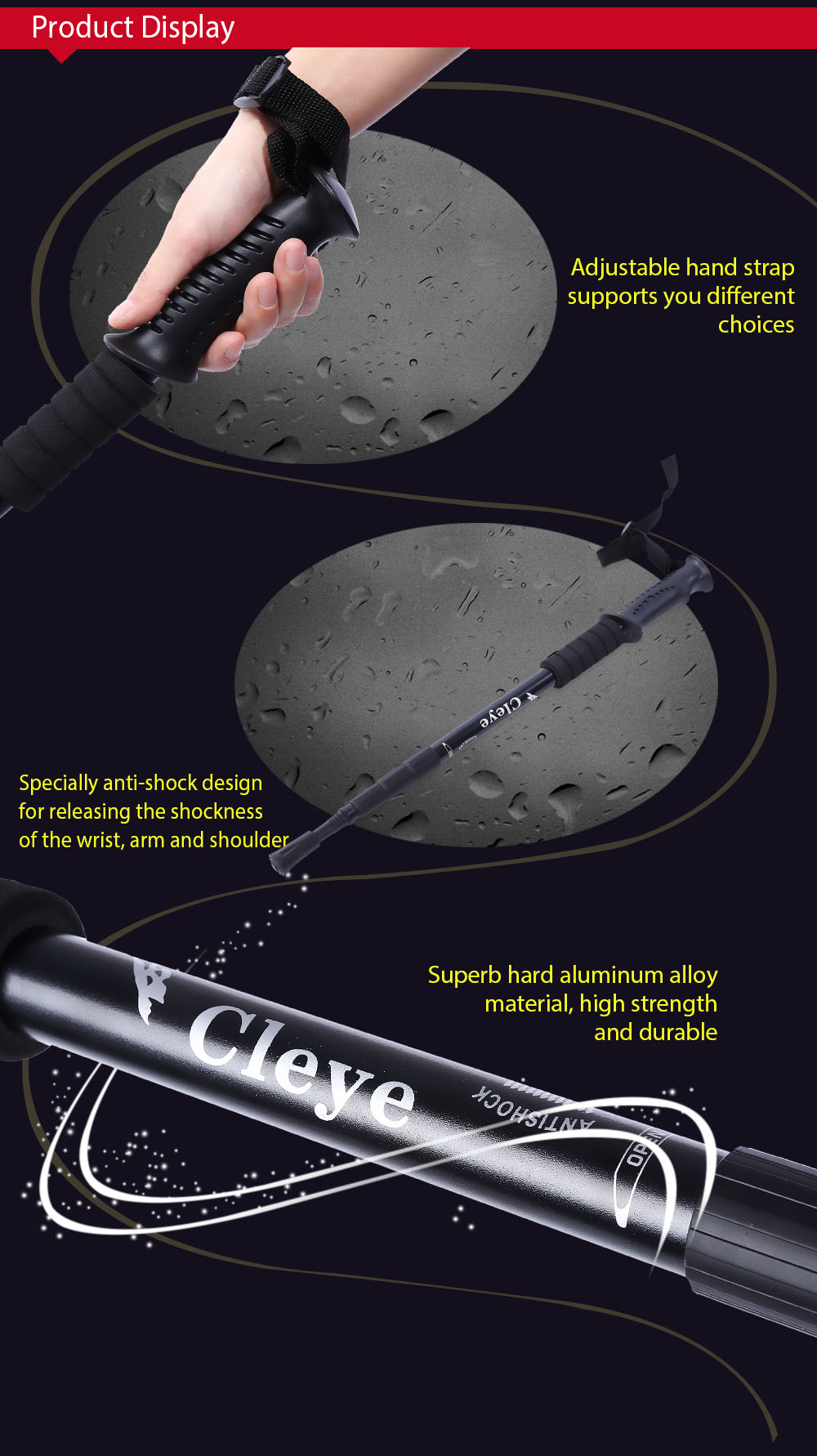 CLEYE 4 Joint Anti-shock Trekking Straight Shank Alpenstock Walking Stick with Mud Tray CLEYE 4 Joint Anti-shock Trekking Straight Shank Alpenstock Walking Stick with Mud Tray