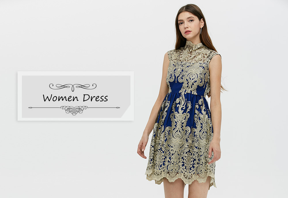 Old Classical  Sleeveless Stand Collar Embroidery Spliced Dress for Women