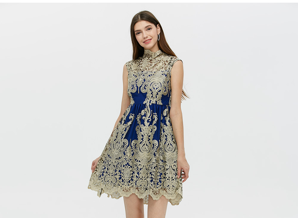 Old Classical  Sleeveless Stand Collar Embroidery Spliced Dress for Women