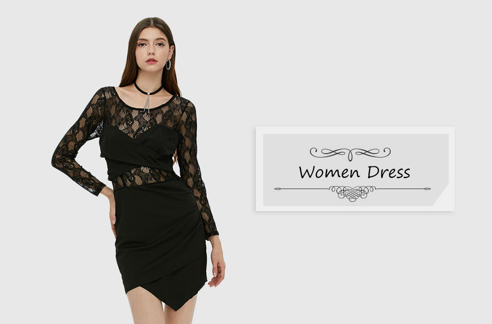Sexy Long Sleeve Round Collar Hollow Lace Spliced Dress for Women Sexy Long Sleeve Round Collar Hollow Lace Spliced Dress for Women