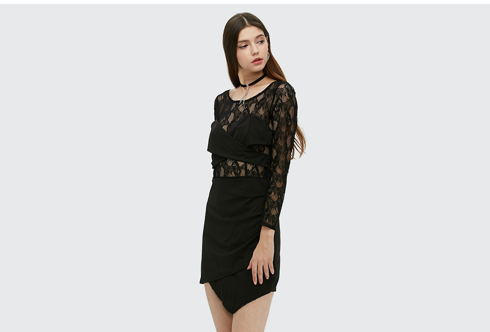 Sexy Long Sleeve Round Collar Hollow Lace Spliced Dress for Women Sexy Long Sleeve Round Collar Hollow Lace Spliced Dress for Women