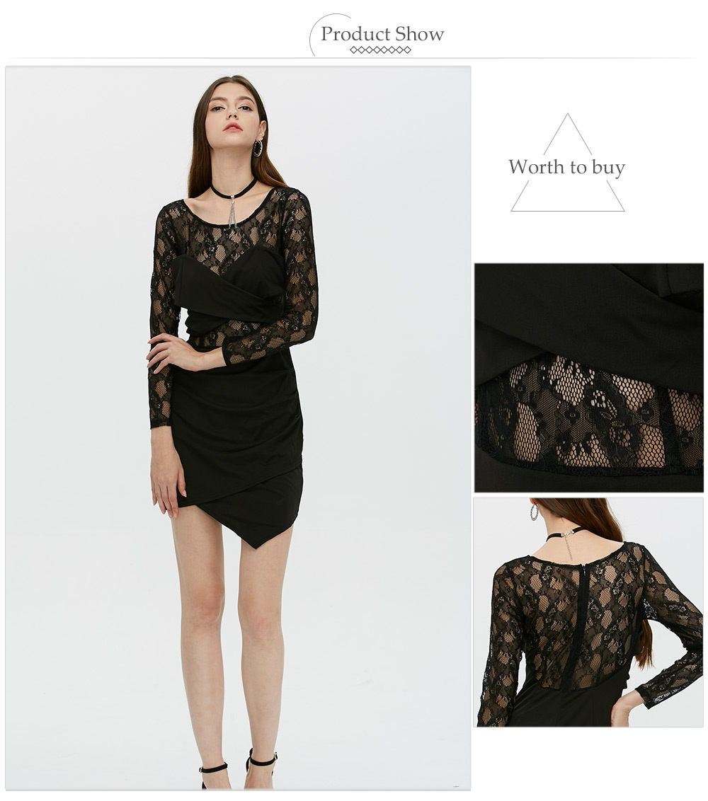Sexy Long Sleeve Round Collar Hollow Lace Spliced Dress for Women Sexy Long Sleeve Round Collar Hollow Lace Spliced Dress for Women