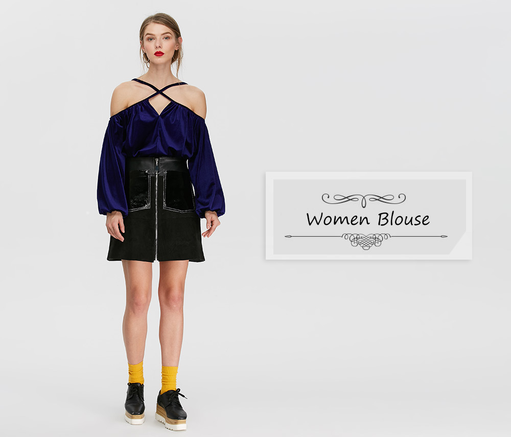 Fashionable Long Sleeve Collarless Criss Cross Strap Velvet Blouse for Women