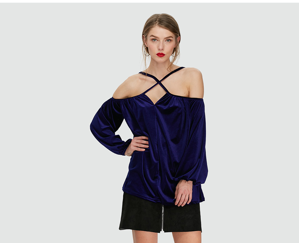 Fashionable Long Sleeve Collarless Criss Cross Strap Velvet Blouse for Women
