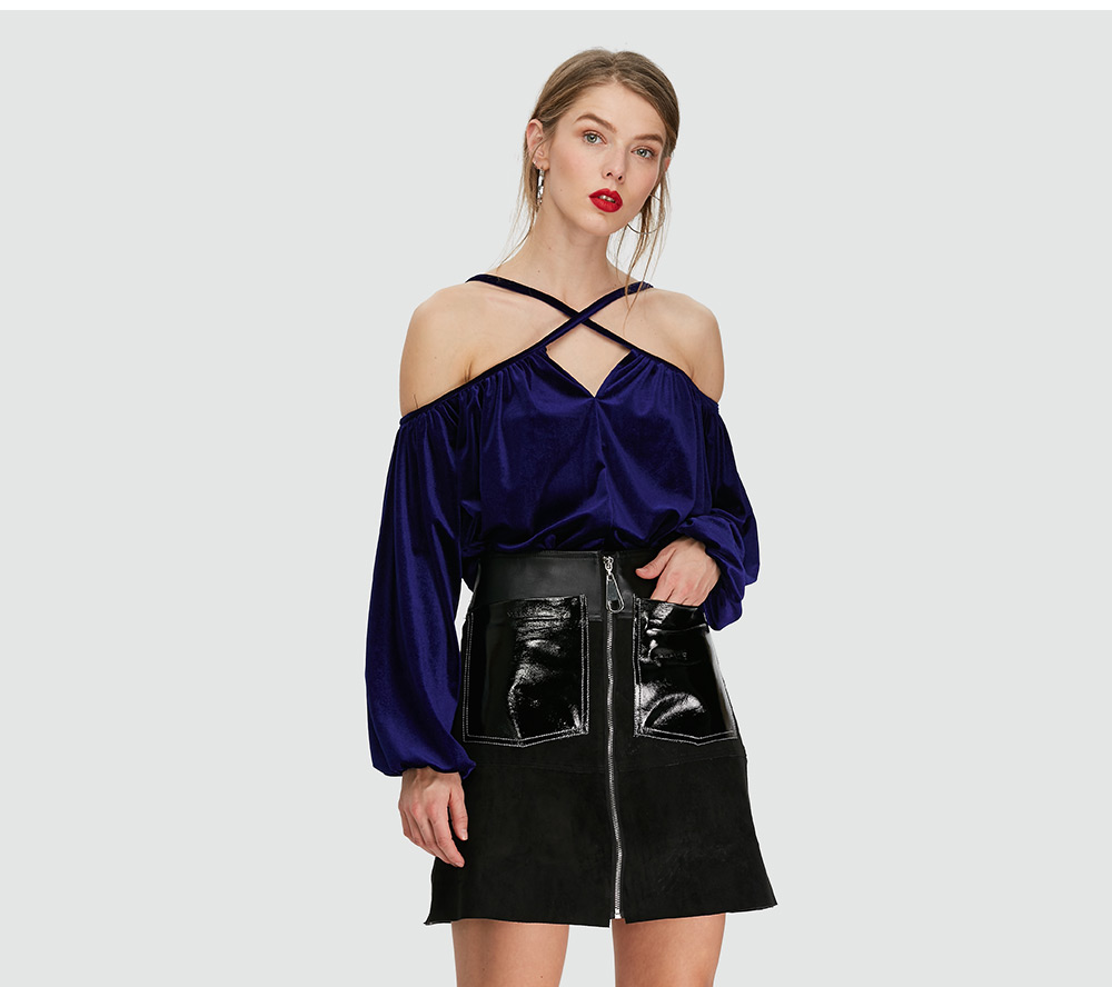 Fashionable Long Sleeve Collarless Criss Cross Strap Velvet Blouse for Women