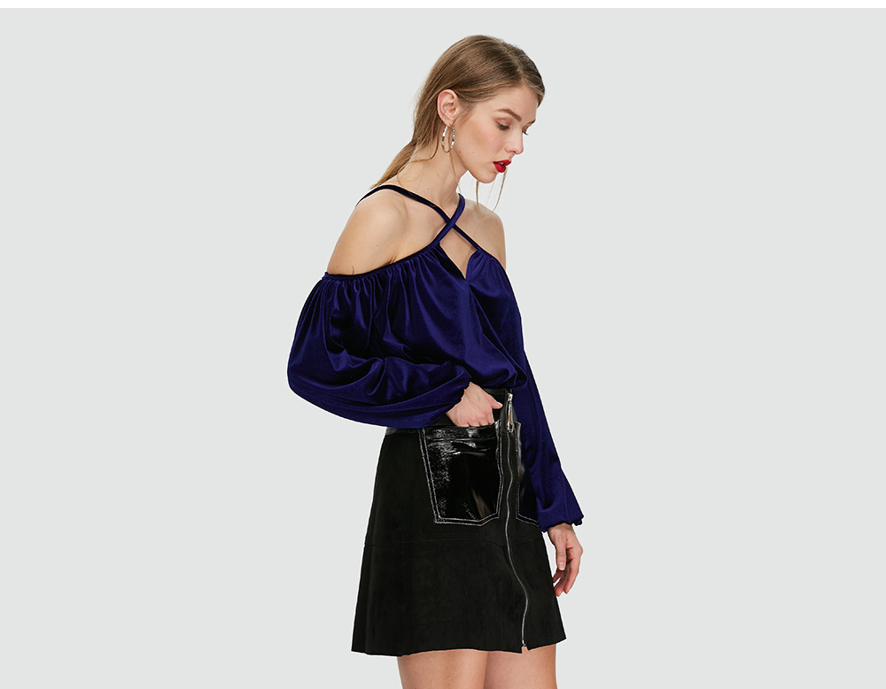 Fashionable Long Sleeve Collarless Criss Cross Strap Velvet Blouse for Women