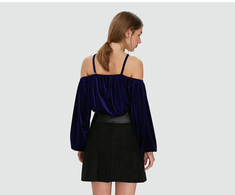 Fashionable Long Sleeve Collarless Criss Cross Strap Velvet Blouse for Women