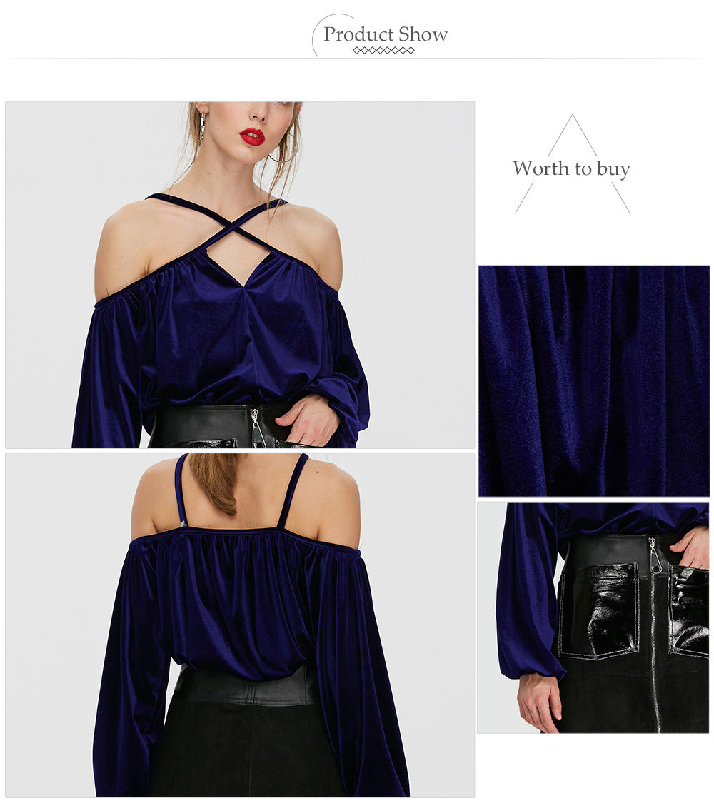 Fashionable Long Sleeve Collarless Criss Cross Strap Velvet Blouse for Women